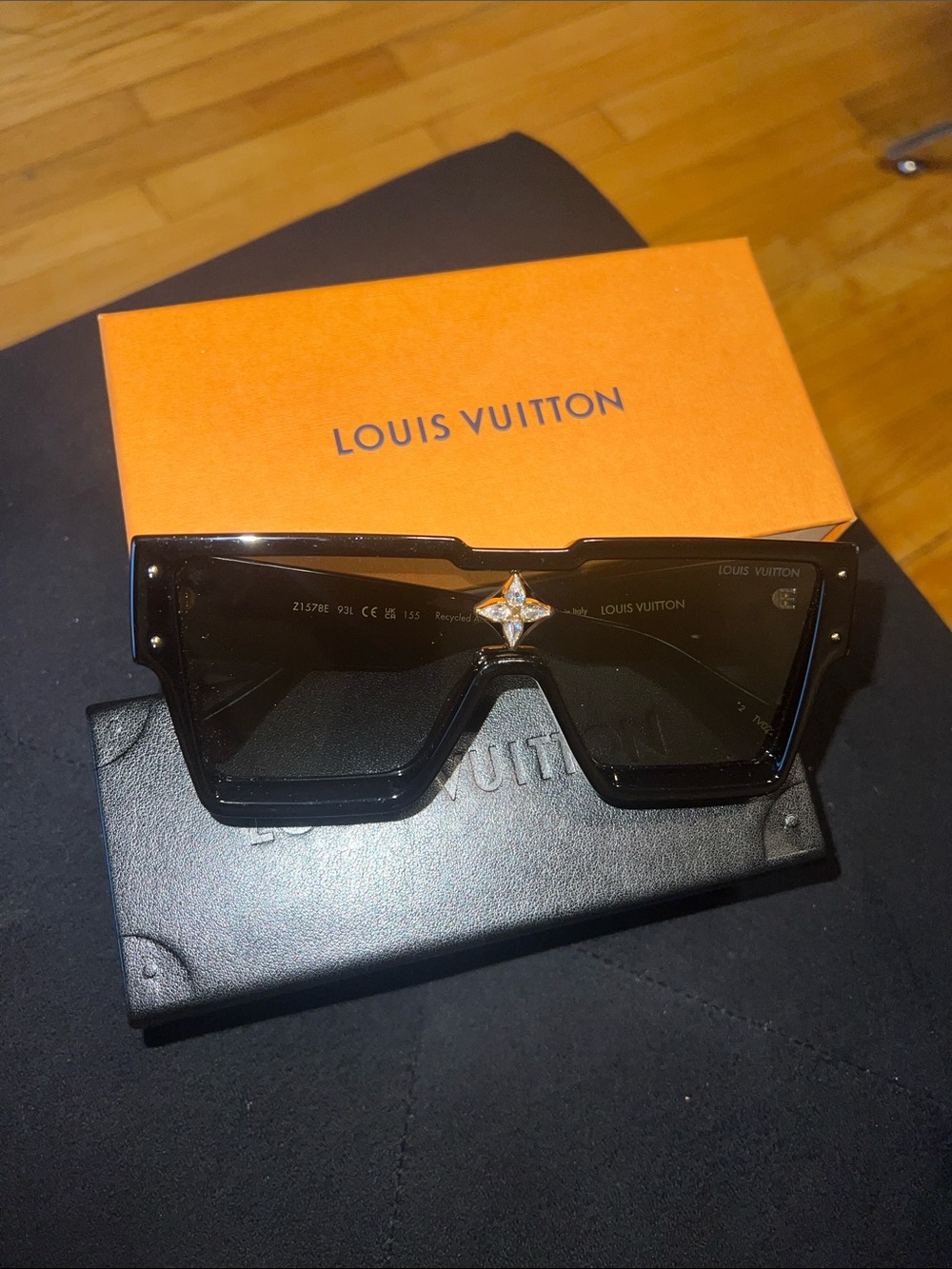 Louis Vuitton Black Shield Sunglasses with Gold Fleur Accent
